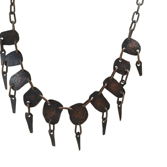 Vintage Brass Bib Necklace Etched Abstract Adjustable Chain Tribal Statement - Picture 5 of 16